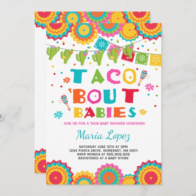 Baby shower Twin Fiesta Invitation Taco Bout Baby (Devant / Derrière)