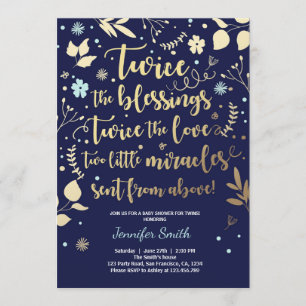 Baby shower Twin Invitation Gold Blue marine garço