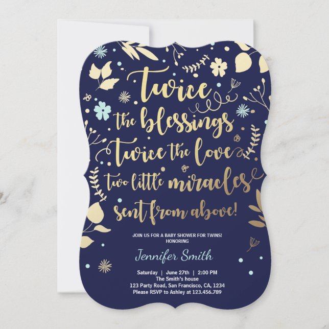 Baby shower Twin Invitation Gold Blue marine garço (Devant)