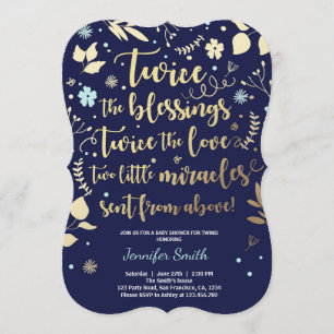 Baby shower Twin Invitation Gold Blue marine garço