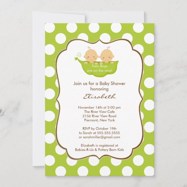 Baby shower Twins Boys Invitation Little Pea Pod (Devant)