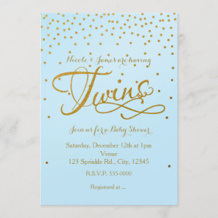 Baby shower TWINS Lumière Bleu & Or Dot Invitation