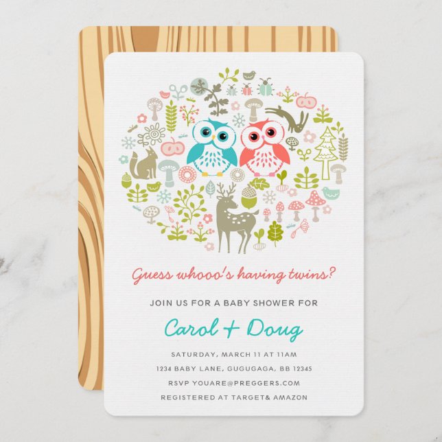 Baby shower Twins Owl Invitation Boy Gril (Devant / Derrière)