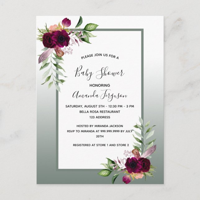 Baby shower vert bordeaux floraux invitation (Devant)