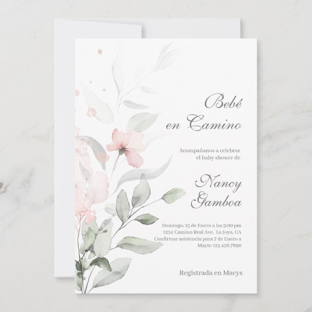 Baby shower vert et rose fleur invitation (Devant)