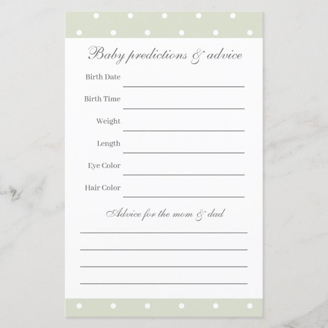 Baby shower Vert Sage Léger Jeu de devinette (Devant)