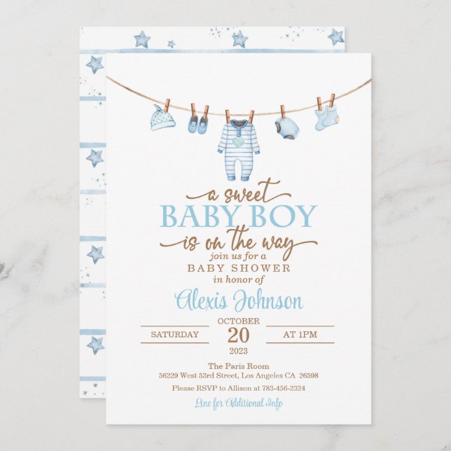 Baby shower Vêtements pour bébés Invitation - Bleu (Devant / Derrière)