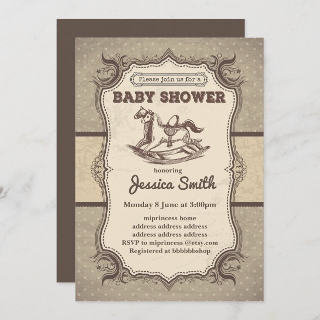 BABY SHOWER vintage invitation - cheval à cheval (Devant / Derrière)