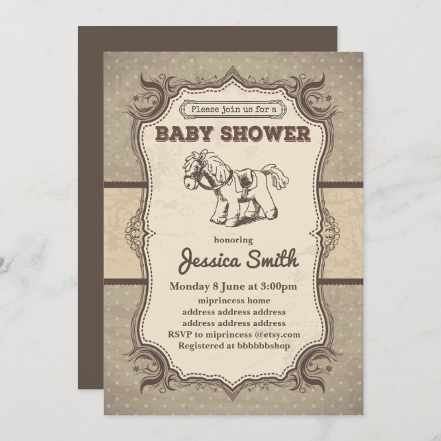 BABY SHOWER vintage invitation - cheval de jouets (Devant / Derrière)