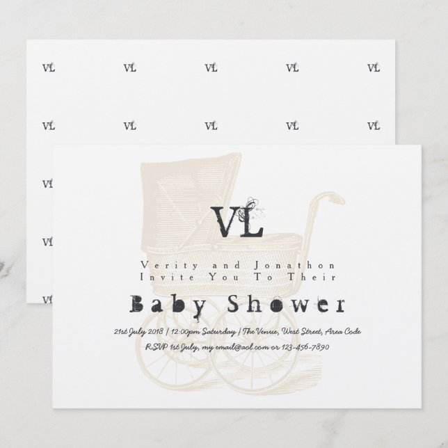 Baby shower vintage Invitations Kraft Pram Gold (Devant / Derrière)