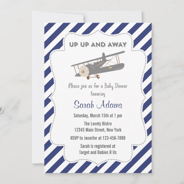 Baby shower vintage Plane Invitation Bleu (Devant)