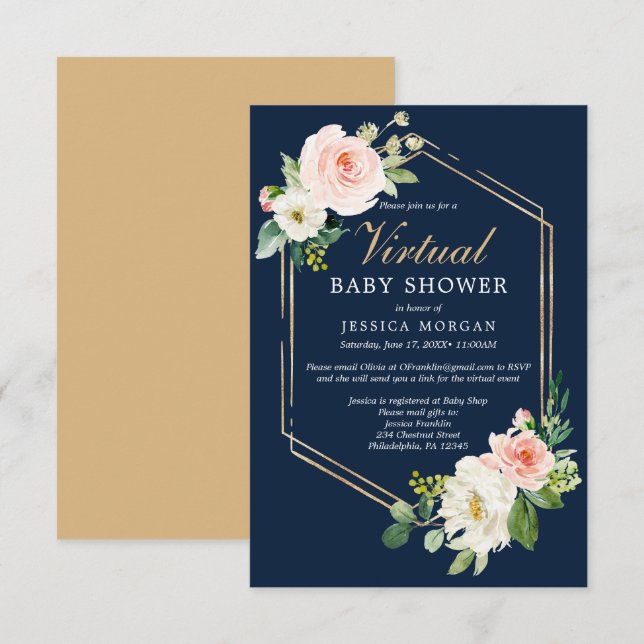 Baby shower virtuel Marine Blue Gold Invitation (Devant / Derrière)