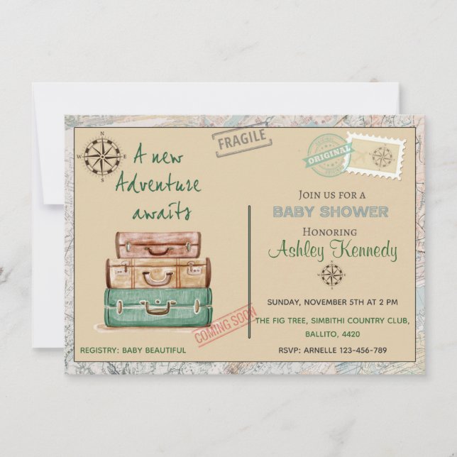 Baby shower voyage thème fête invitation 4 x 6 (Devant)