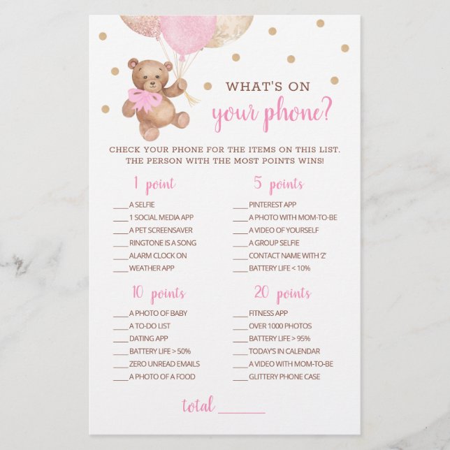 Baby shower Wat's On Your Phone Jeu Teddy Bear (Devant)