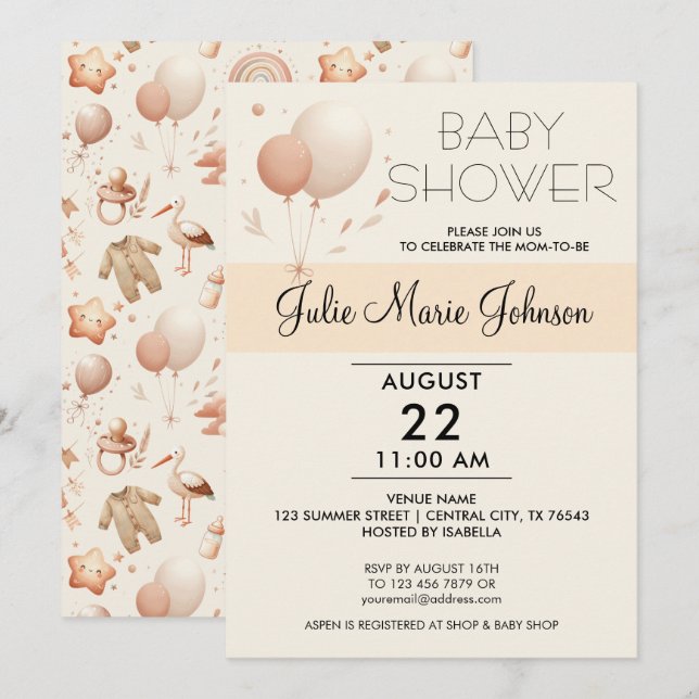 Baby shower Whimsy mignon - Invitation Ballons (Devant / Derrière)