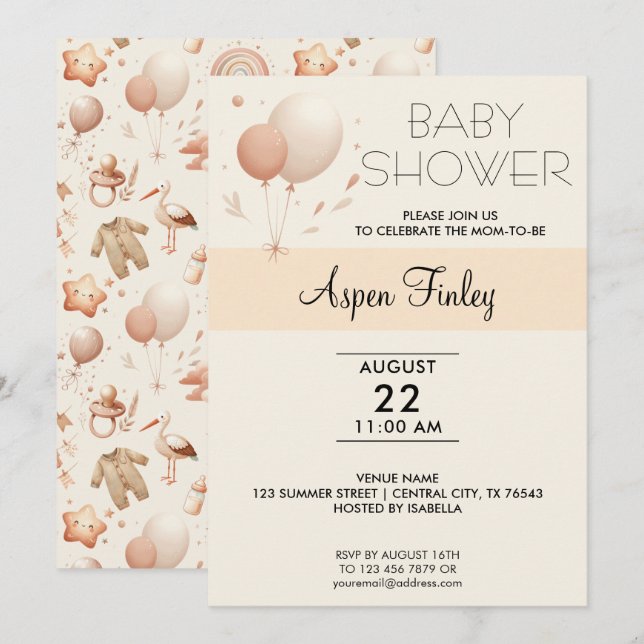 Baby shower Whimsy mignon - Invitation Ballons (Devant / Derrière)