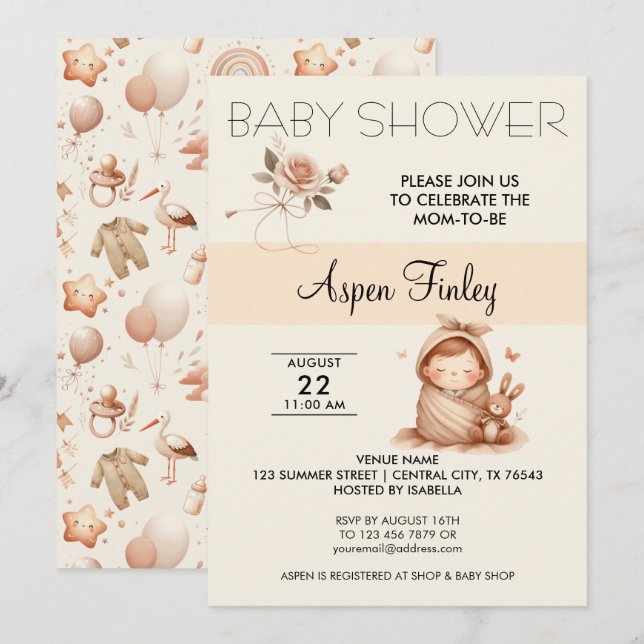 Baby shower Whimsy mignon - Invitation Rose (Devant / Derrière)