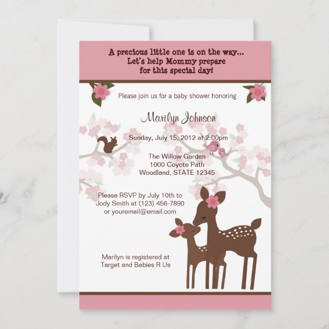 Baby shower Willow Deer Invitation forêt PINK (Devant)