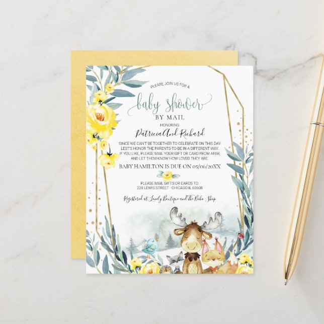 Baby shower Woodland Par Courrier Budget Invitatio (Devant/Arrière en situation)