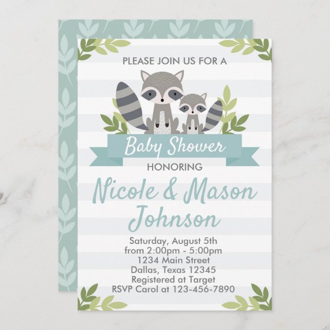 Baby shower Woodland Raccoon Invitation de l'invit (Devant / Derrière)