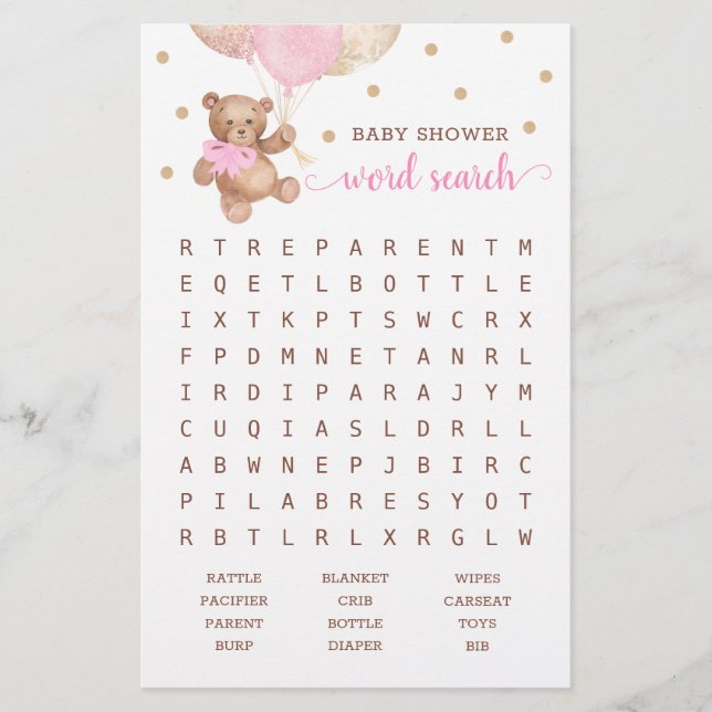 Baby shower Word Recherche Jeu Teddy Bear rose (Devant)