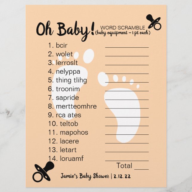 Baby shower Word Scramble Peach (Devant)