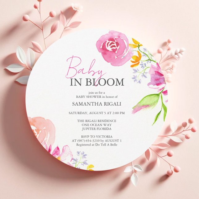 Baby showers Invitations rose bébé en fleurs (Baby in bloom baby shower invitations for girl features watercolor floral art Victoria Grigaliunas)
