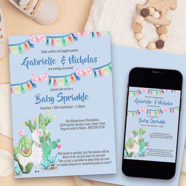Baby Sprinkle Blue Llama Baby shower Invitation (Boy Baby Sprinkle - Cute llama and fiesta themed invitation)