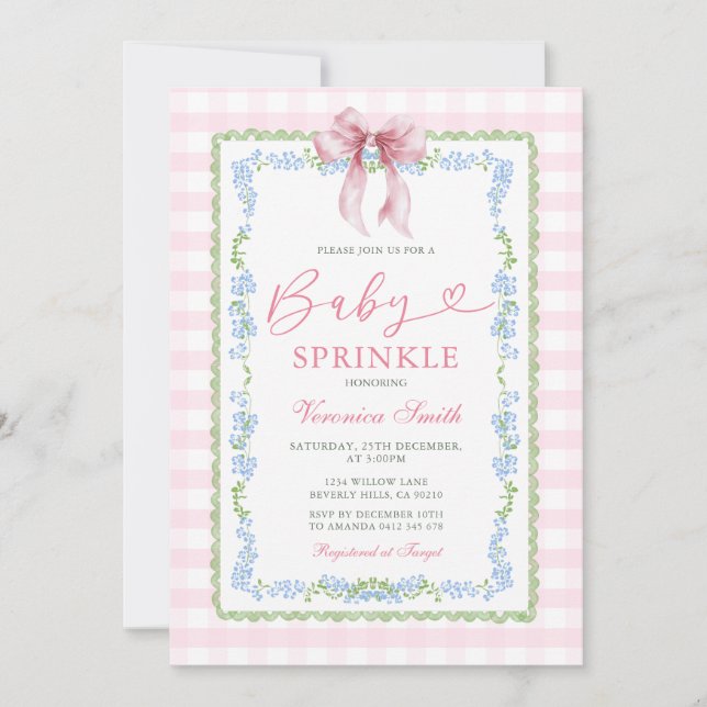 Baby Sprinkle Invitation Pink Gingham Floral Bow (Devant)