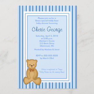 Baby Teddy Bear Blue Stripe Baby shower Invitation