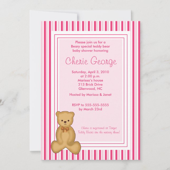 Baby Teddy Ours Rose Stripe Baby shower Invitation (Devant)