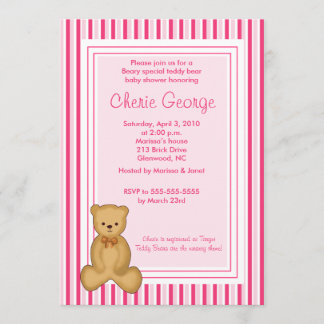 Baby Teddy Ours Rose Stripe Baby shower Invitation