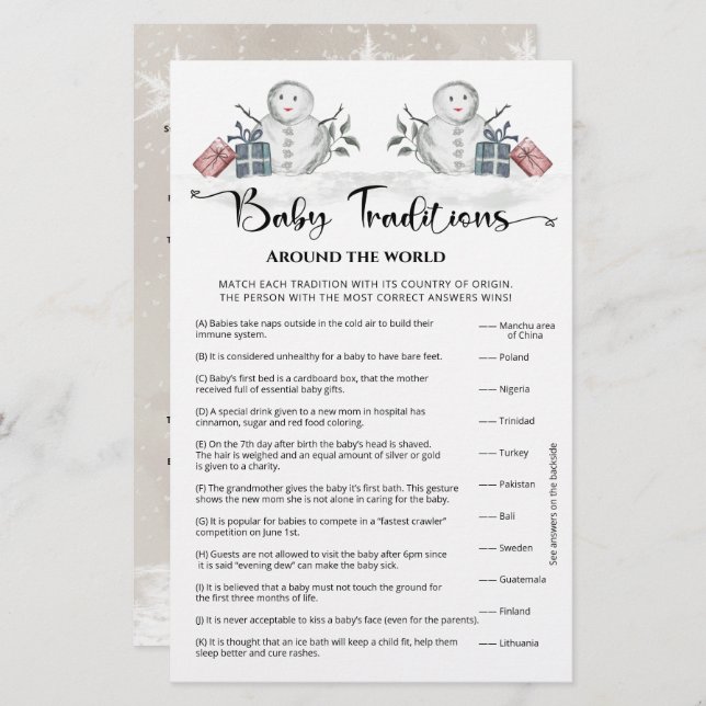 Baby Traditions Snowman Baby shower Jeu (Devant / Derrière)