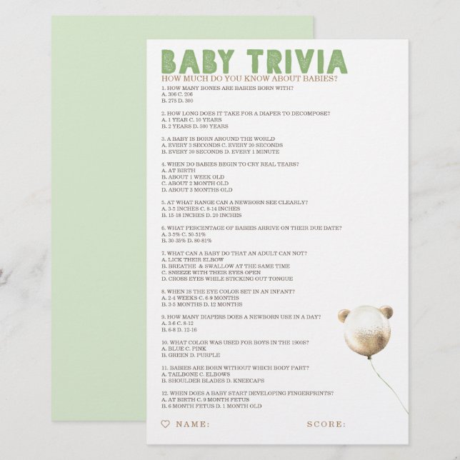 Baby Trivia Baby shower Jeu (Devant / Derrière)