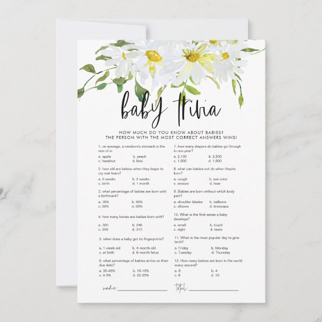 Baby Trivia Daisy Baby shower carte de jeu floral (Devant)
