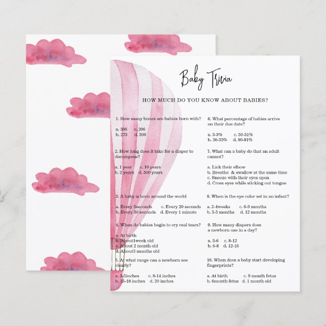 Baby Trivia Montgolfière | Jeu de Baby Shower (Devant / Derrière)