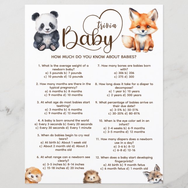 Baby Trivia Woodland Animaux Baby shower Jeu (Devant)