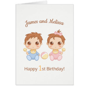 Baby Twins Boy Girl First Birthday Blank Card