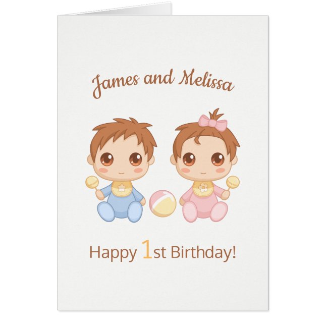 Baby Twins Boy Girl First Birthday Blank Card (Devant)