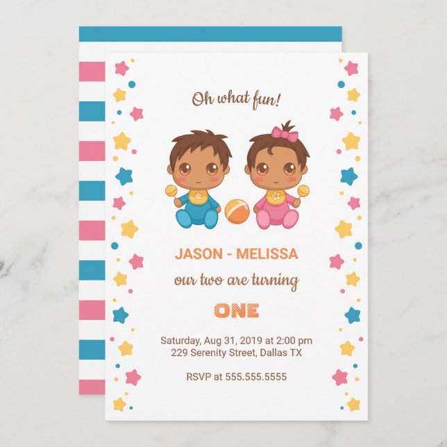 Baby Twins Boy Girl First Birthday Invitation (Devant / Derrière)