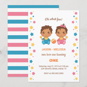 Baby Twins Boy Girl First Birthday Invitation