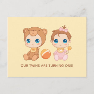Baby Twins First Birthday Girl Bear Invitation 2