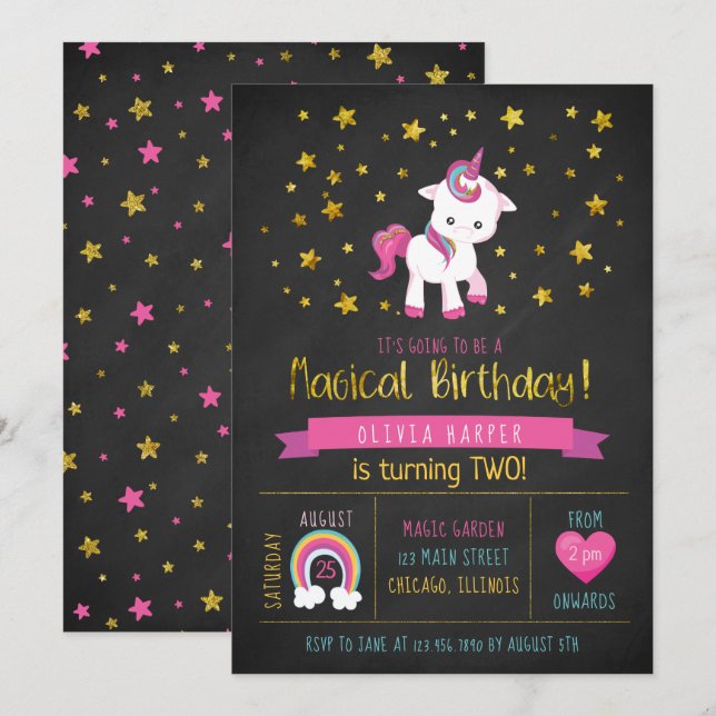 Baby Unicorn Magique Anniversaire Invitation (Devant / Derrière)