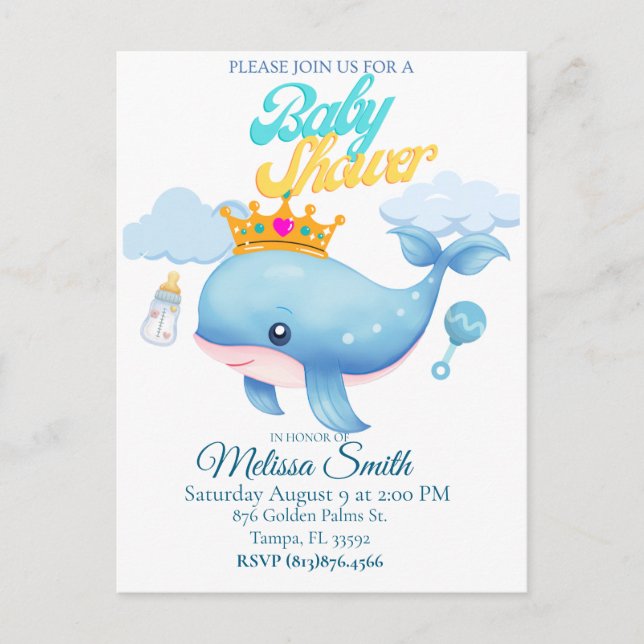 Baby Whale Baby shower Carte postale Invitation (Devant)