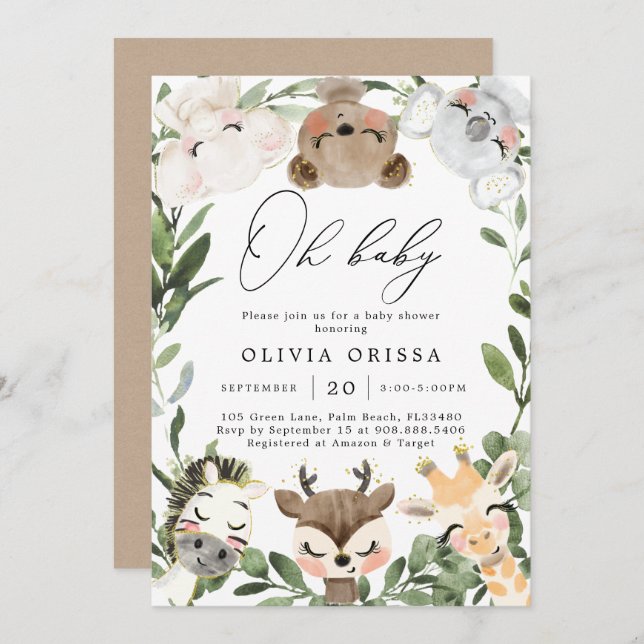 Baby Woodland Animaux Baby shower Invitation (Devant / Derrière)