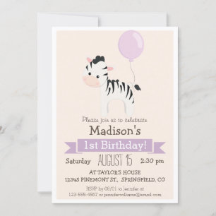 Baby Zebra Girl's Birthday Party Invitation