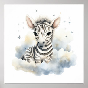 Baby zebra on clouds poster for nursery room