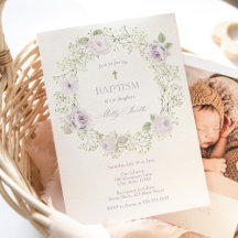 Baby's Breath and Purple Roses Baptism Invitation