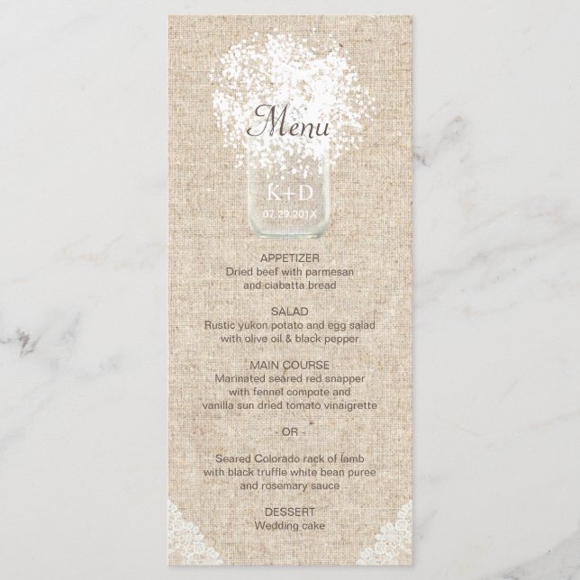 Baby's Breath Mason Jar Rustic Mariage Menu (Devant)