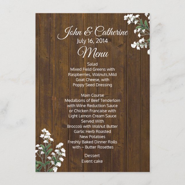 Babys Breath Rustic Mariage Menu Table (Devant)
